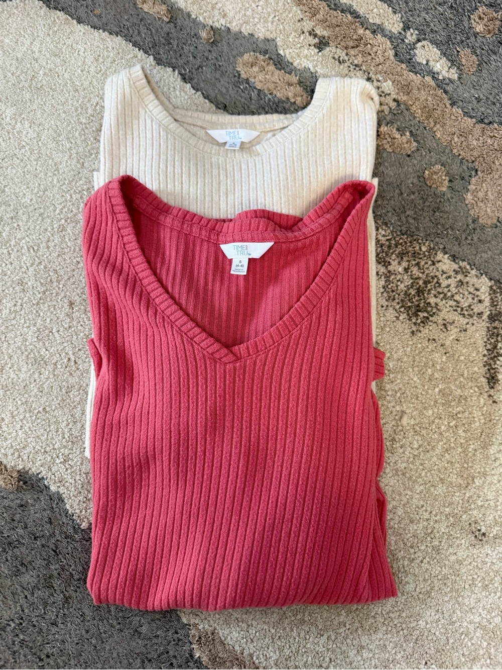 Time and True Ribbed V-Neck Knit Top - Rose Pink & Cream (Set of 2)
